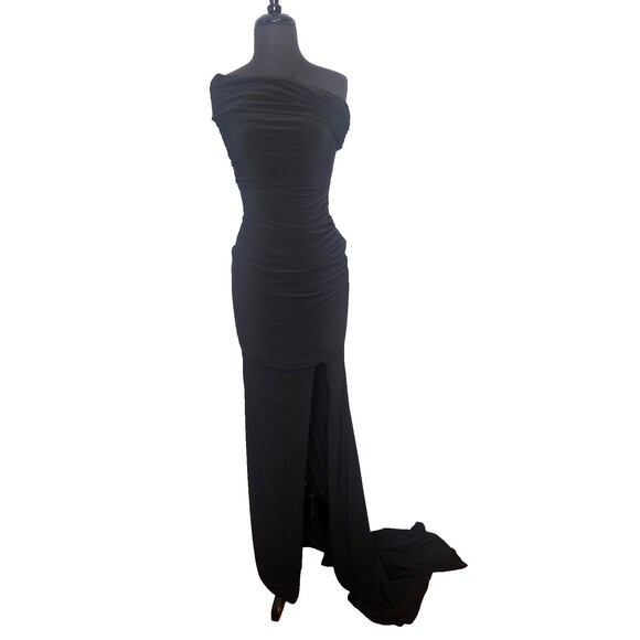 CLUB L LONDON Black One Shoulder Fishtail Maxi Dress US 6 UK 10 Ruched Stretchy - Picture 2 of 8